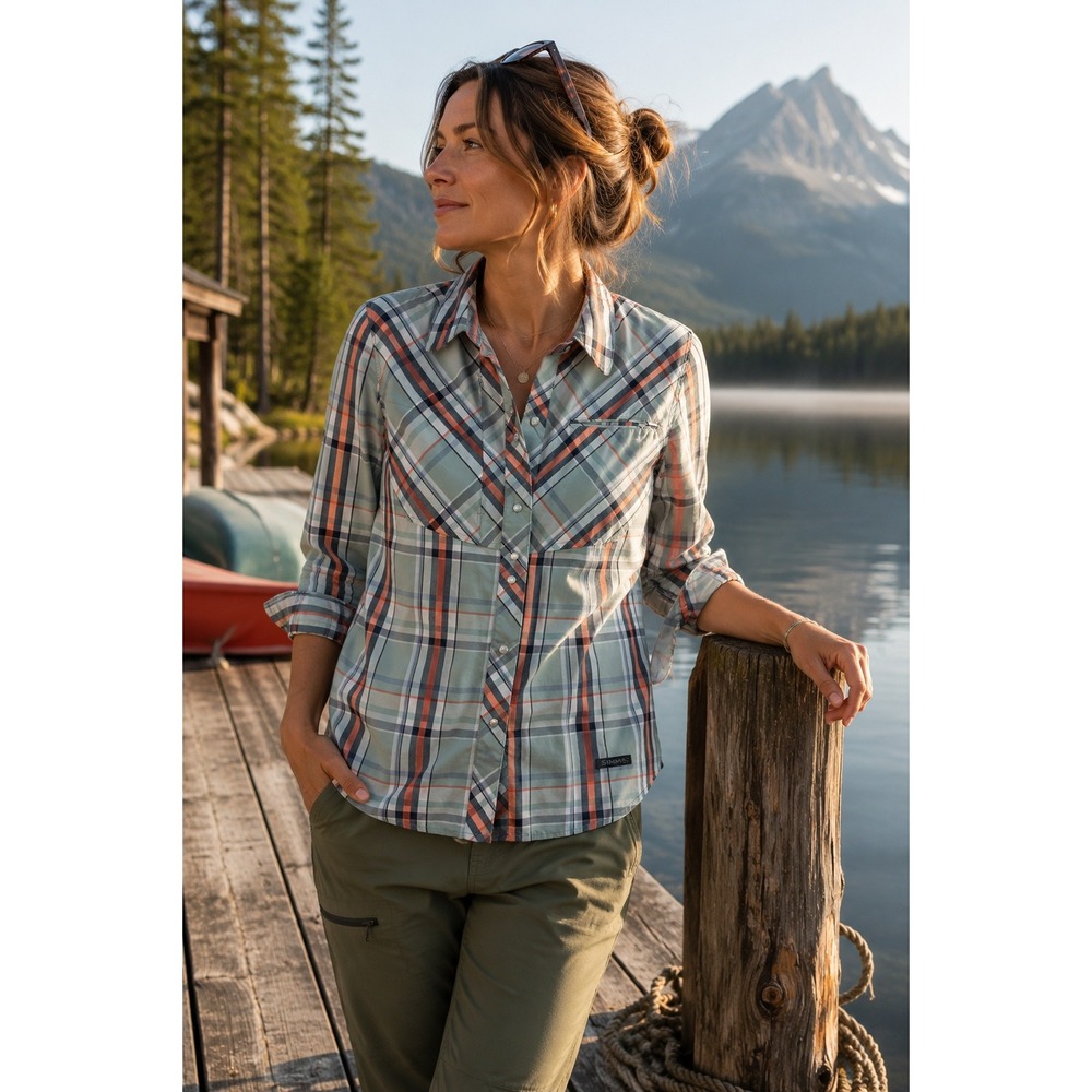 Simms Guide Series Fishing Shirt Plaid Pearl Snap Vented Long Sleeve S